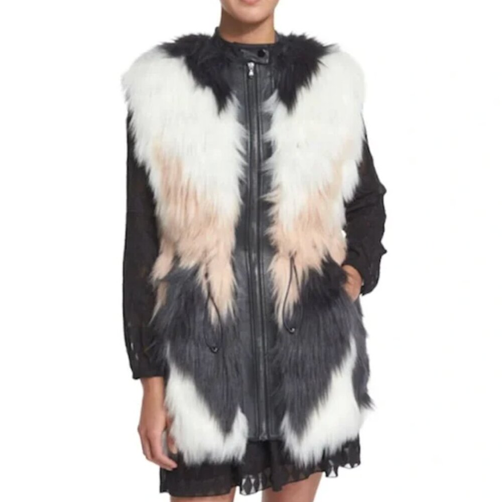 Rebecca Taylor Faux-Fur Chevron Vest Pastel Pink White Gray Size 4 $525 SRP